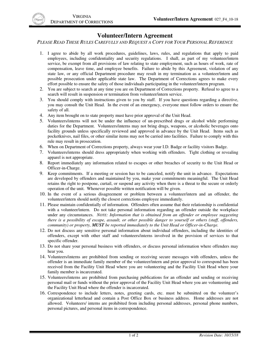Volunteer / Intern Agreement Form - Virginia, Page 1