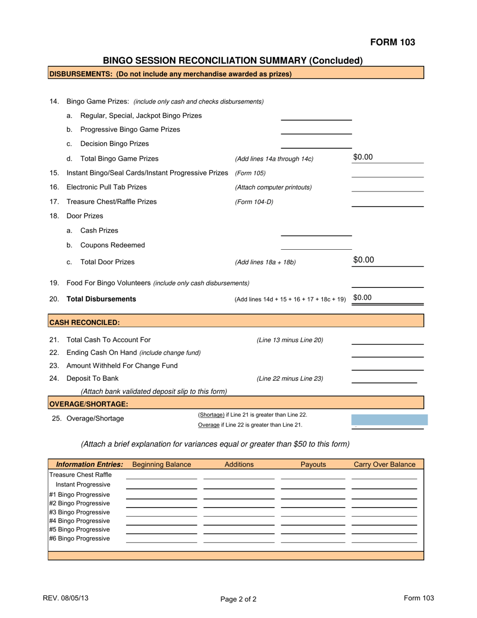 Form 103 Bingo Session Reconciliation Summary - Virginia, Page 2
