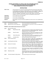 Instructions for Form 103 Bingo Session Reconciliation Summary - Virginia