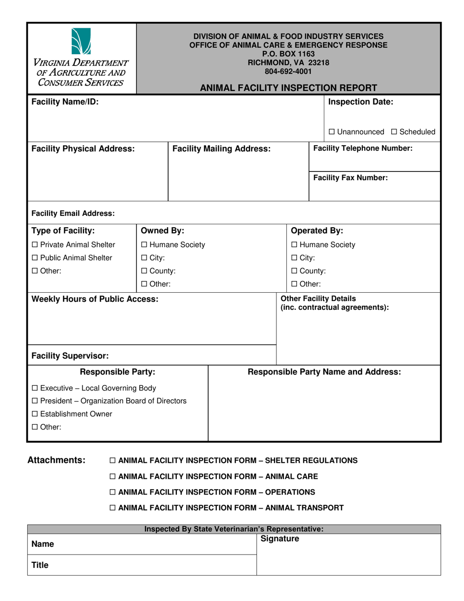 Form VDACS AC-10 Animal Facility Inspection Report - Virginia, Page 1