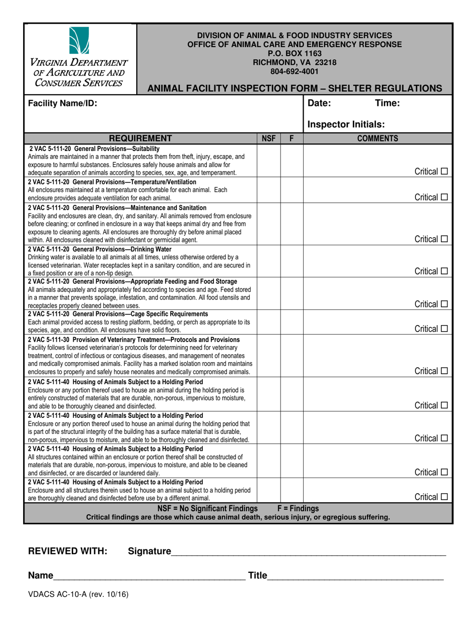 Form VDACS AC-10 Animal Facility Inspection Report - Virginia, Page 2