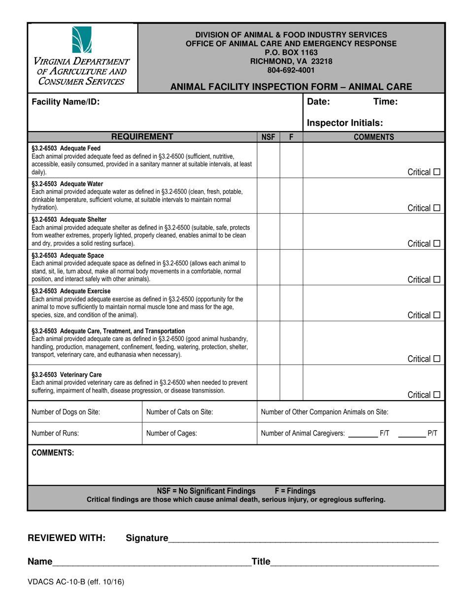 Form VDACS AC-10 Animal Facility Inspection Report - Virginia, Page 3