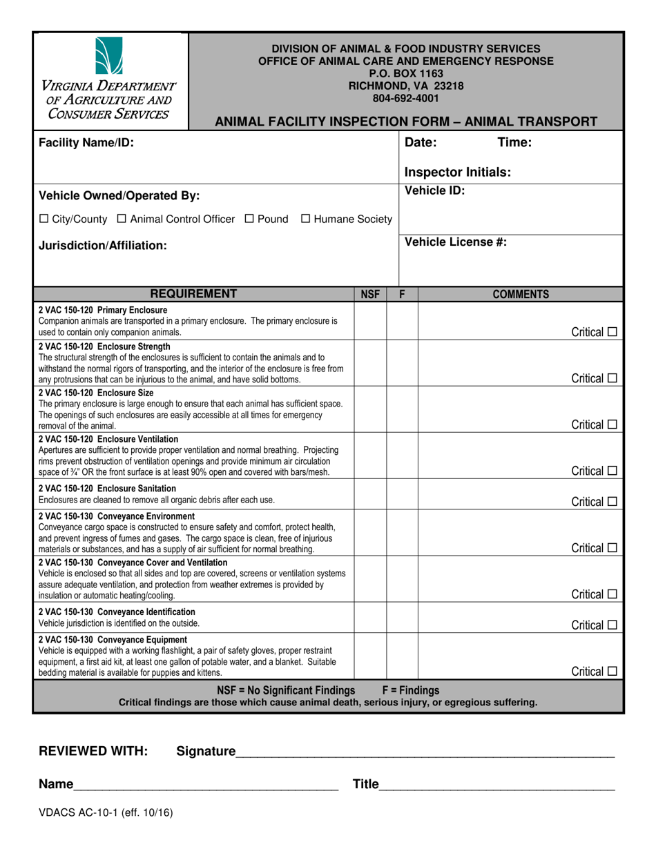Form VDACS AC-10 Animal Facility Inspection Report - Virginia, Page 5