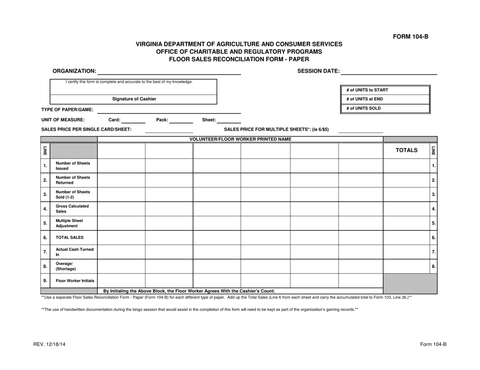 Form 104-B Floor Sales Reconciliation Form - Paper - Virginia, Page 1