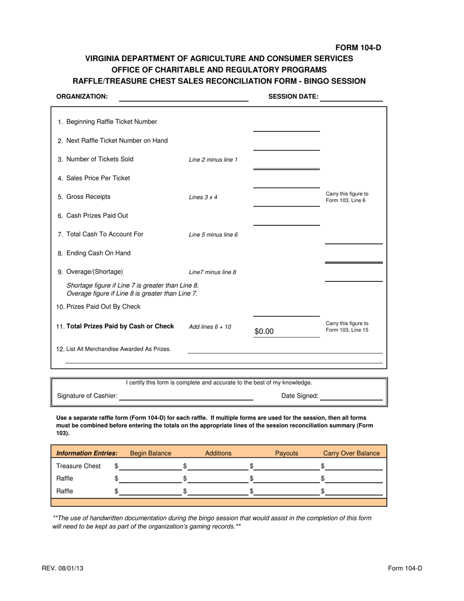 Form 104-D Raffle / Treasure Chest Sales Reconciliation Form - Bingo Session - Virginia, Page 1