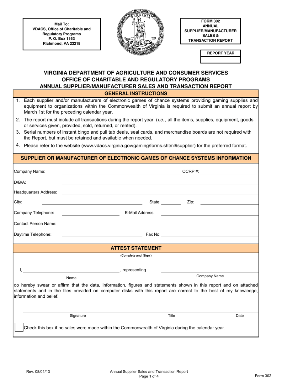 Form 302 Annual Supplier / Manufacturer Sales and Transaction Report - Virginia, Page 1