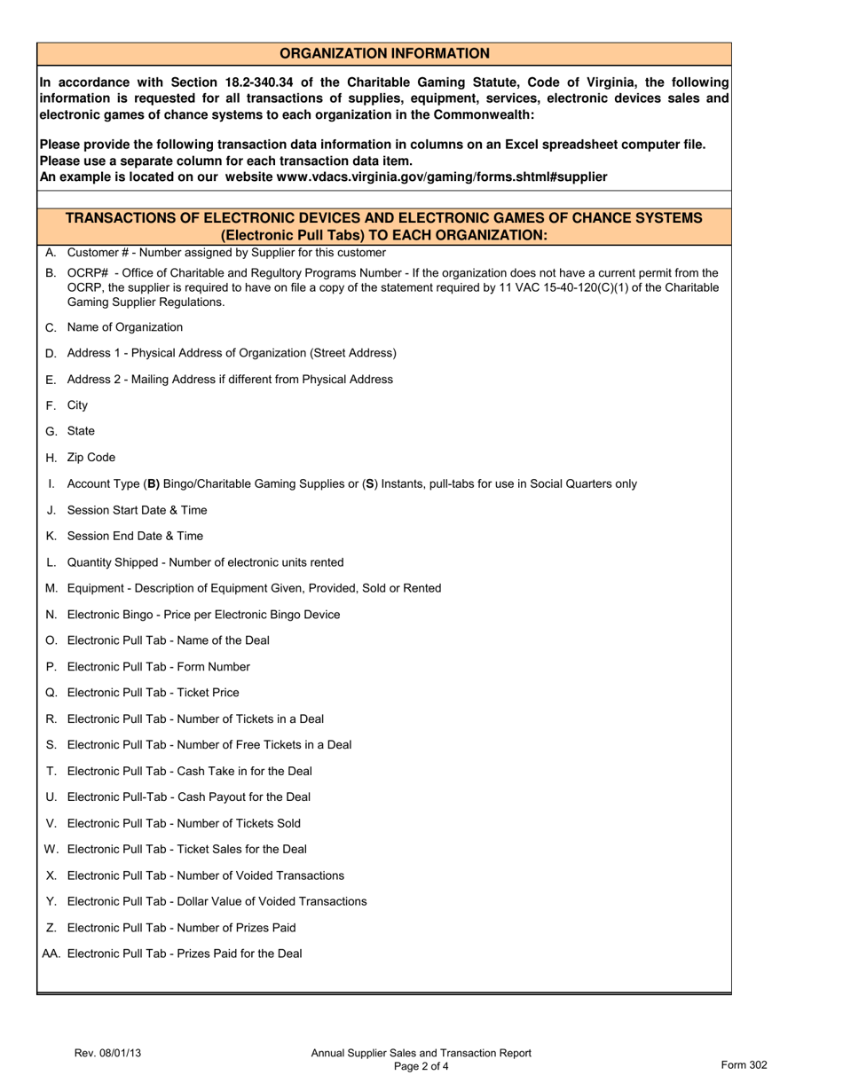 Form 302 Annual Supplier / Manufacturer Sales and Transaction Report - Virginia, Page 2