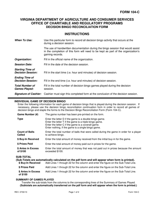 Instructions for Form 104-C Decision Bingo Reconciliation Form - Virginia