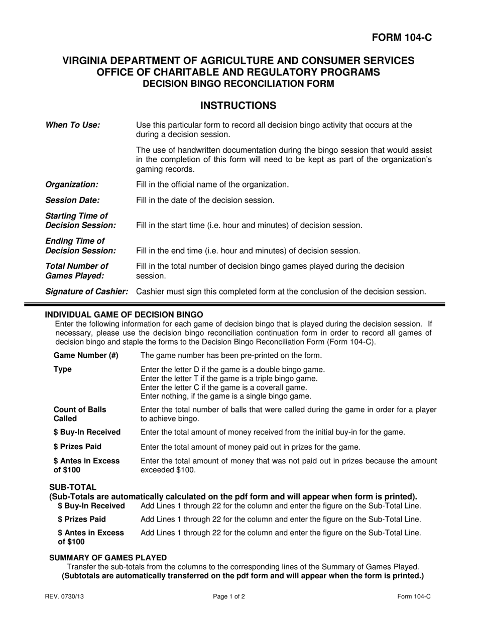 Instructions for Form 104-C Decision Bingo Reconciliation Form - Virginia, Page 1