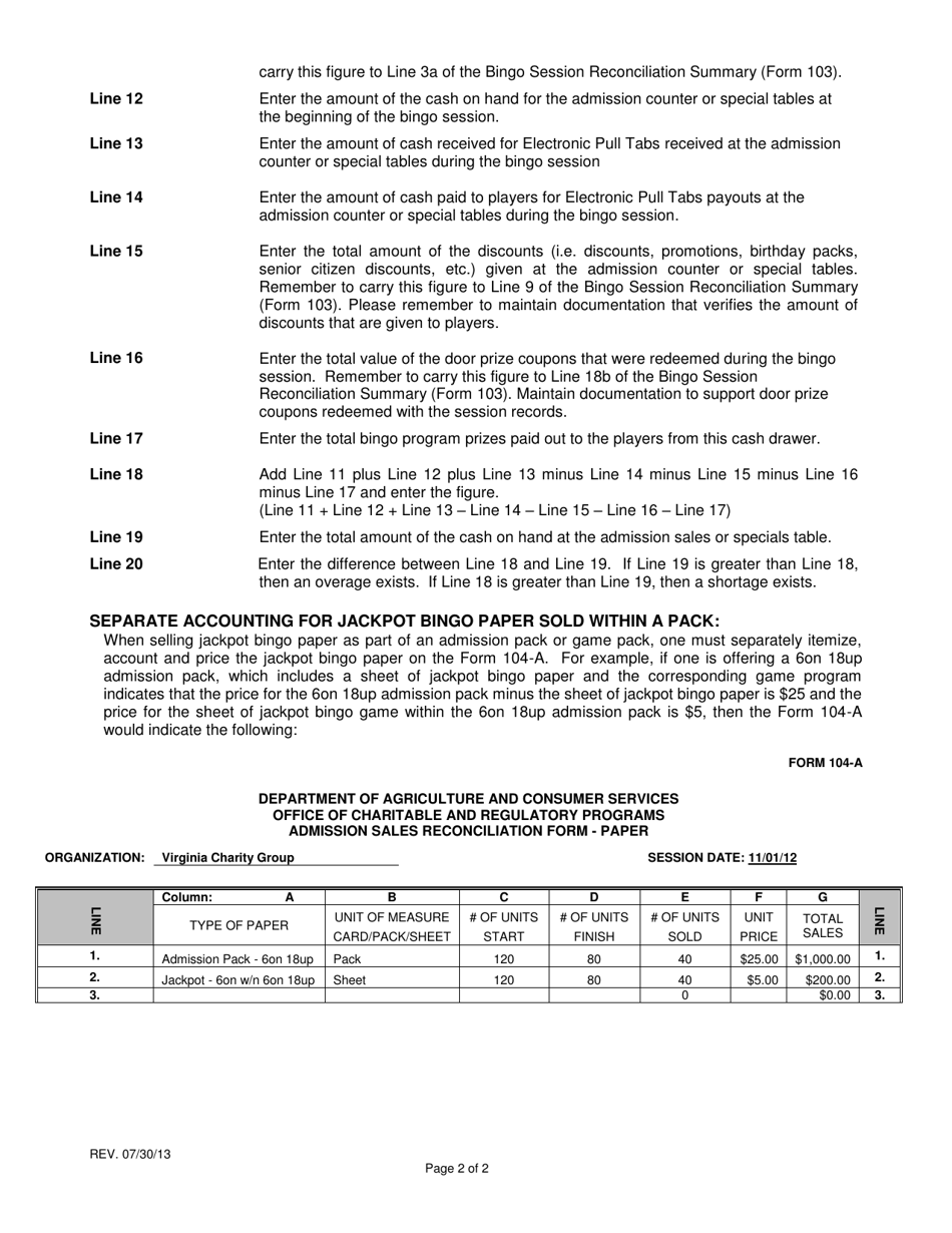 Instructions for Form 104-A Admission Sales Reconciliation Form - Paper - Virginia, Page 2