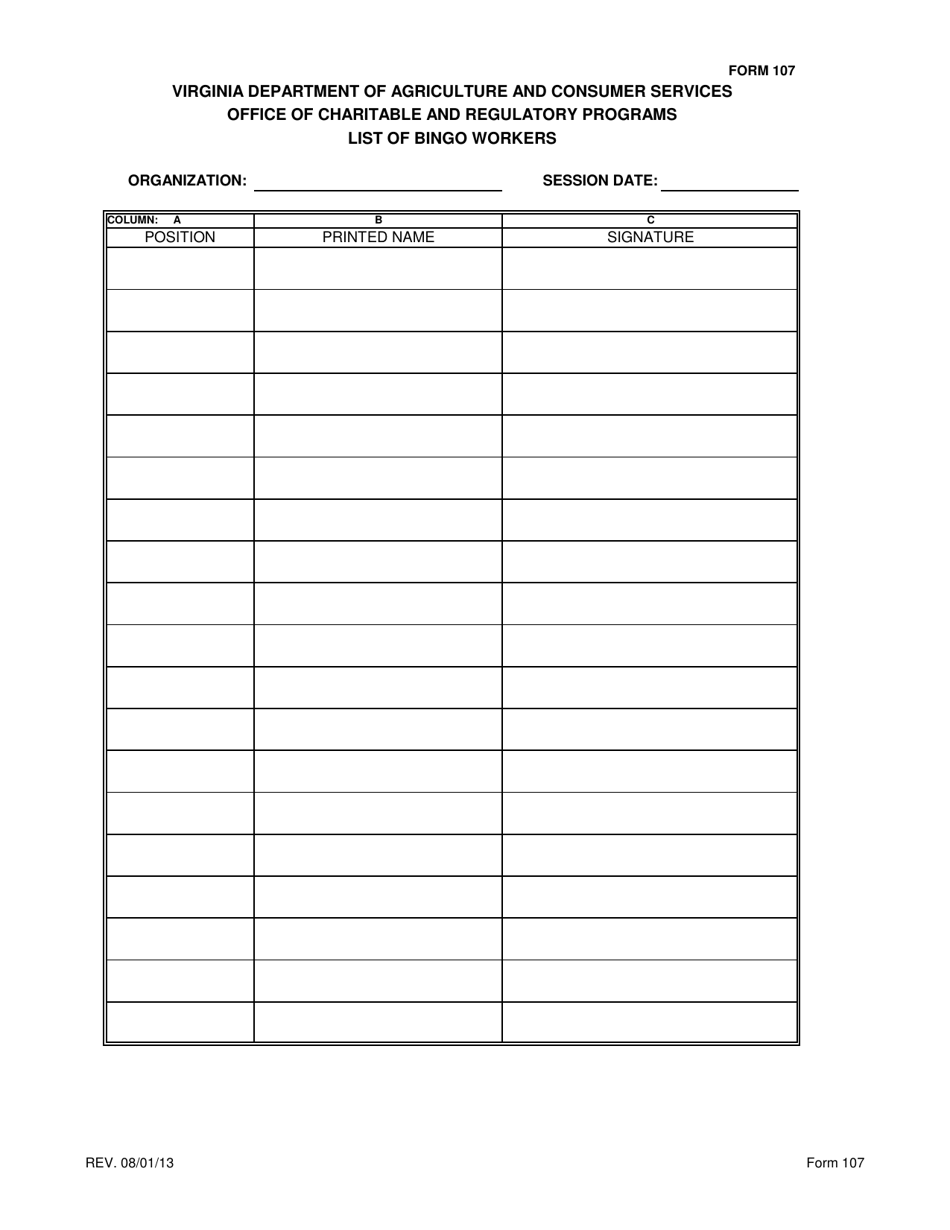 Form 107 List of Bingo Workers - Virginia, Page 1