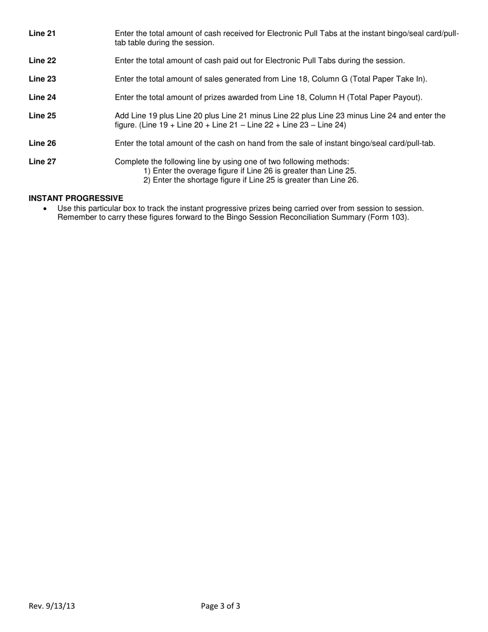 Instructions for Form 105 Paper Instant Bingo / Seal Cards / Pull-Tabs Reconciliation Form - Virginia, Page 3
