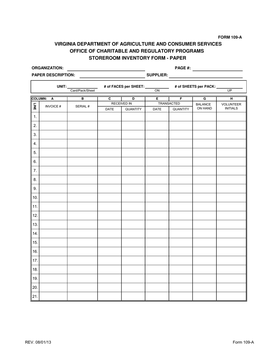 Form 109-A Storeroom Inventory Form - Paper - Virginia, Page 1