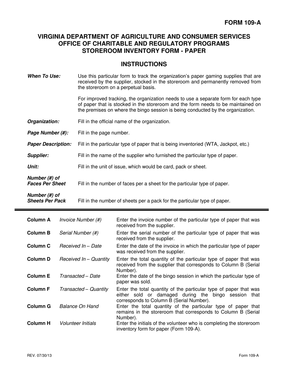 Download Instructions for Form 109A Storeroom Inventory Form Paper