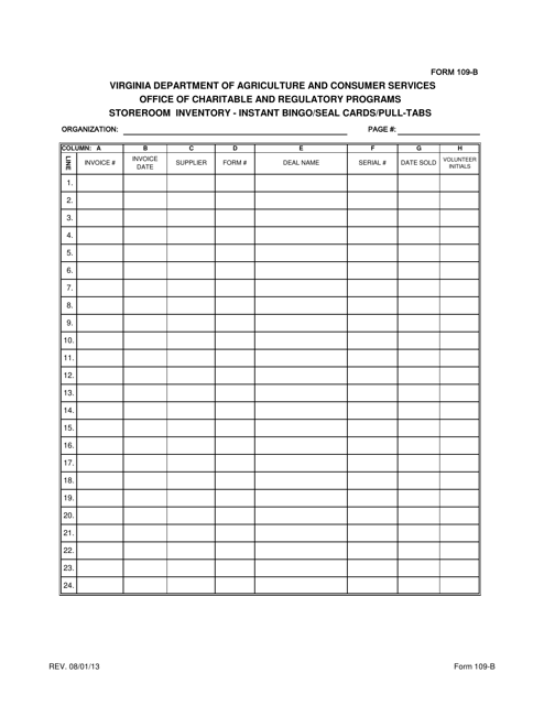 Form 109-B Storeroom Inventory - Instant Bingo/Seal Cards/Pull-Tabs - Virginia