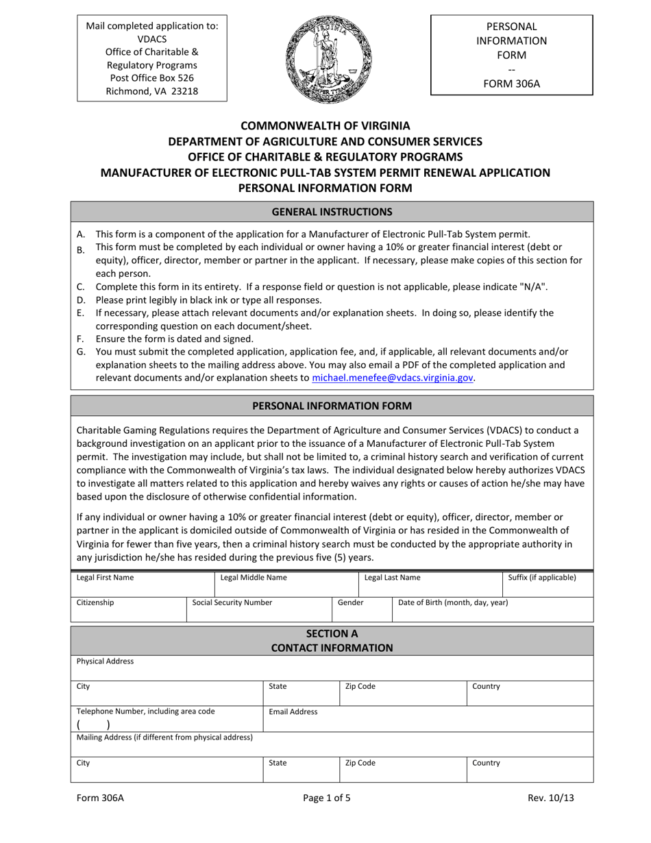 Form 306A Manufacturer of Electronic Pull-Tab System Permit Renewal Application - Personal Information Form - Virginia, Page 1