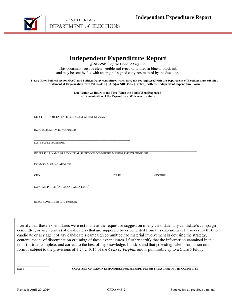 Form CFDA-945.2 Independent Expenditure Report - Virginia, Page 1