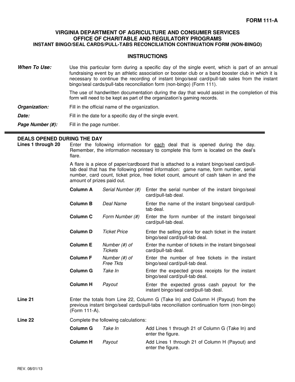 Instructions for Form 111-A Instant Bingo / Seal Cards / Pull-Tabs Reconciliation Continuation Form (Non-bingo) - Virginia, Page 1
