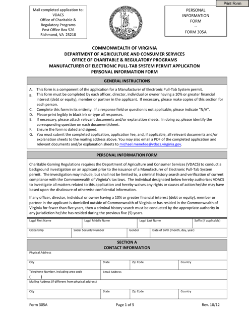 Form 305A Manufacturer of Electronic Pull-tab System Permit Application - Personal Information Form - Virginia