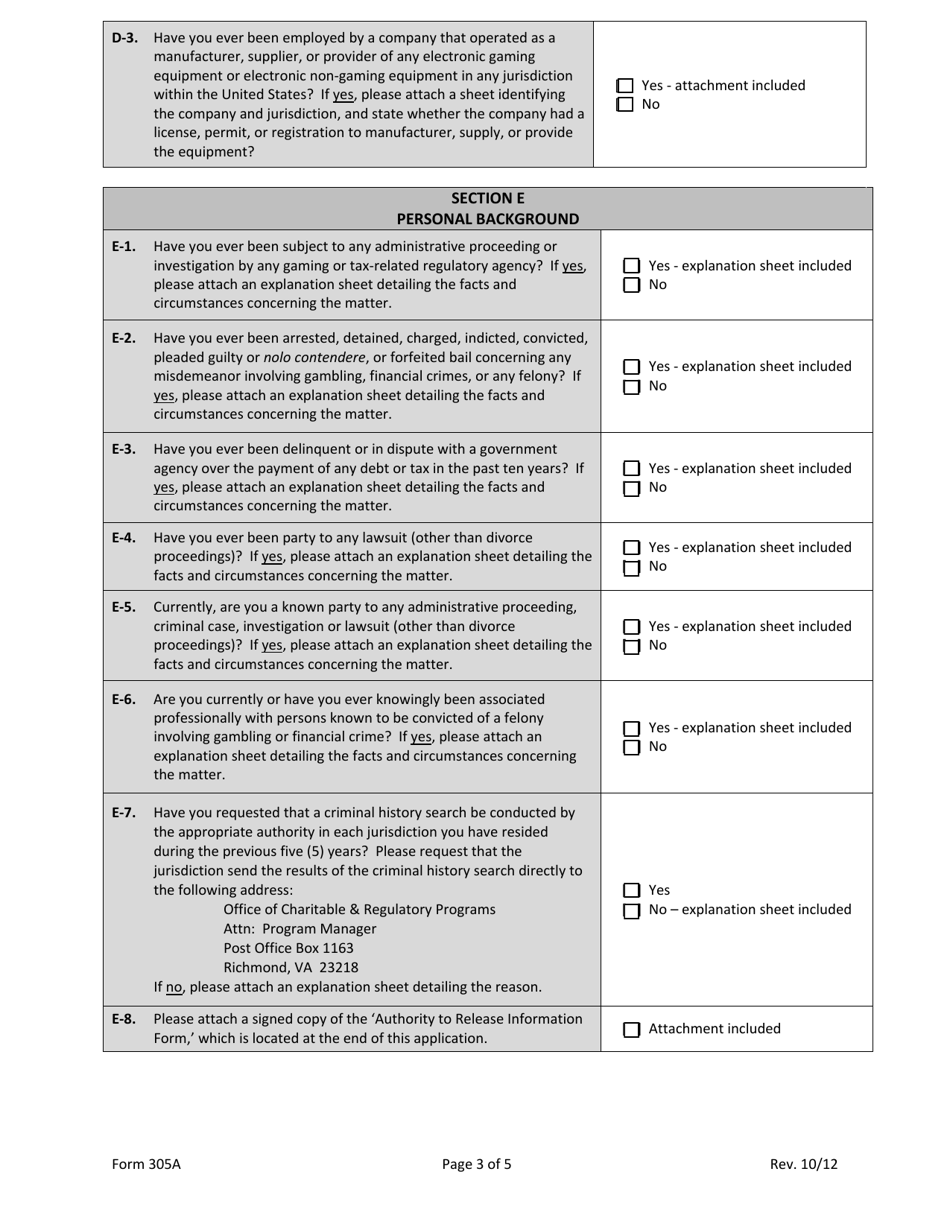 Form 305A Manufacturer of Electronic Pull-tab System Permit Application - Personal Information Form - Virginia, Page 3