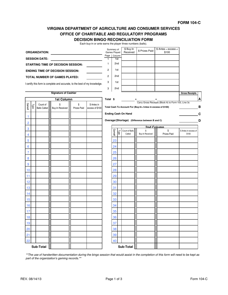 Form 104-C Decision Bingo Reconciliation Form - Virginia, Page 1