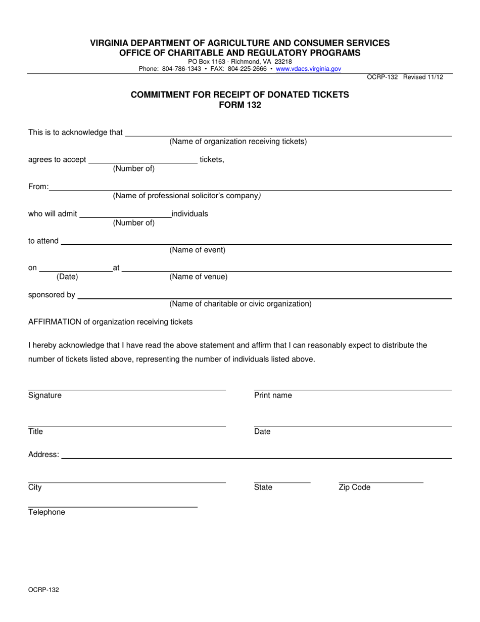 Form OCRP-132 Commitment for Receipt of Donated Tickets - Virginia, Page 1