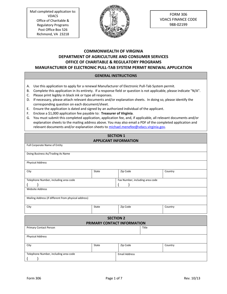 Form 306 Manufacturer of Electronic Pull-Tab System Permit Renewal Application - Virginia, Page 1