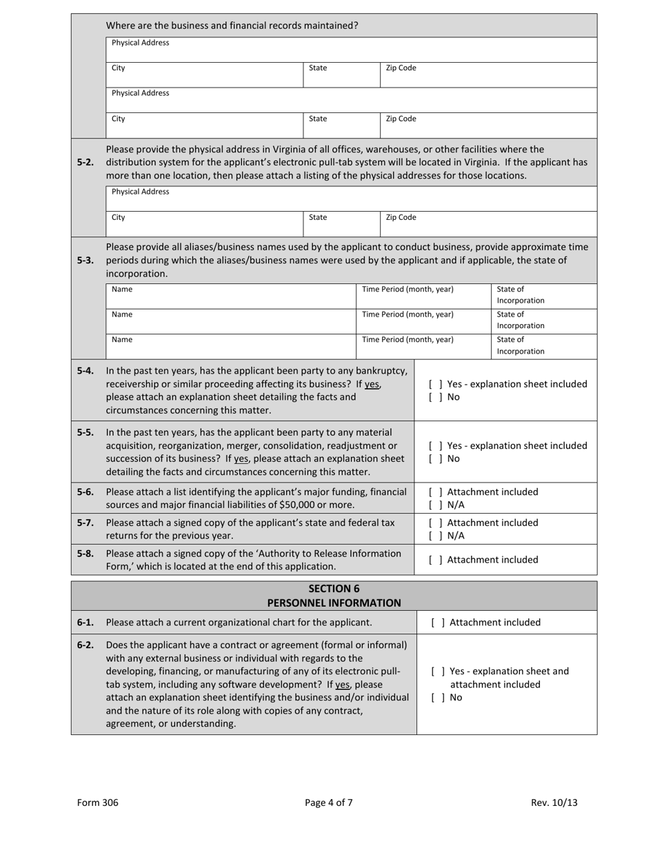 Form 306 Manufacturer of Electronic Pull-Tab System Permit Renewal Application - Virginia, Page 4