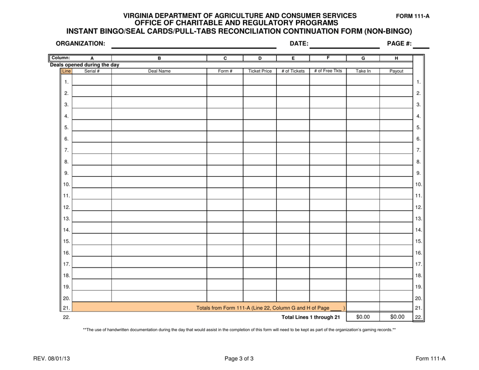 Form 111-A Instant Bingo / Seal Cards / Pull-Tabs Reconciliation Continuation Form (Non-bingo) - Virginia, Page 3