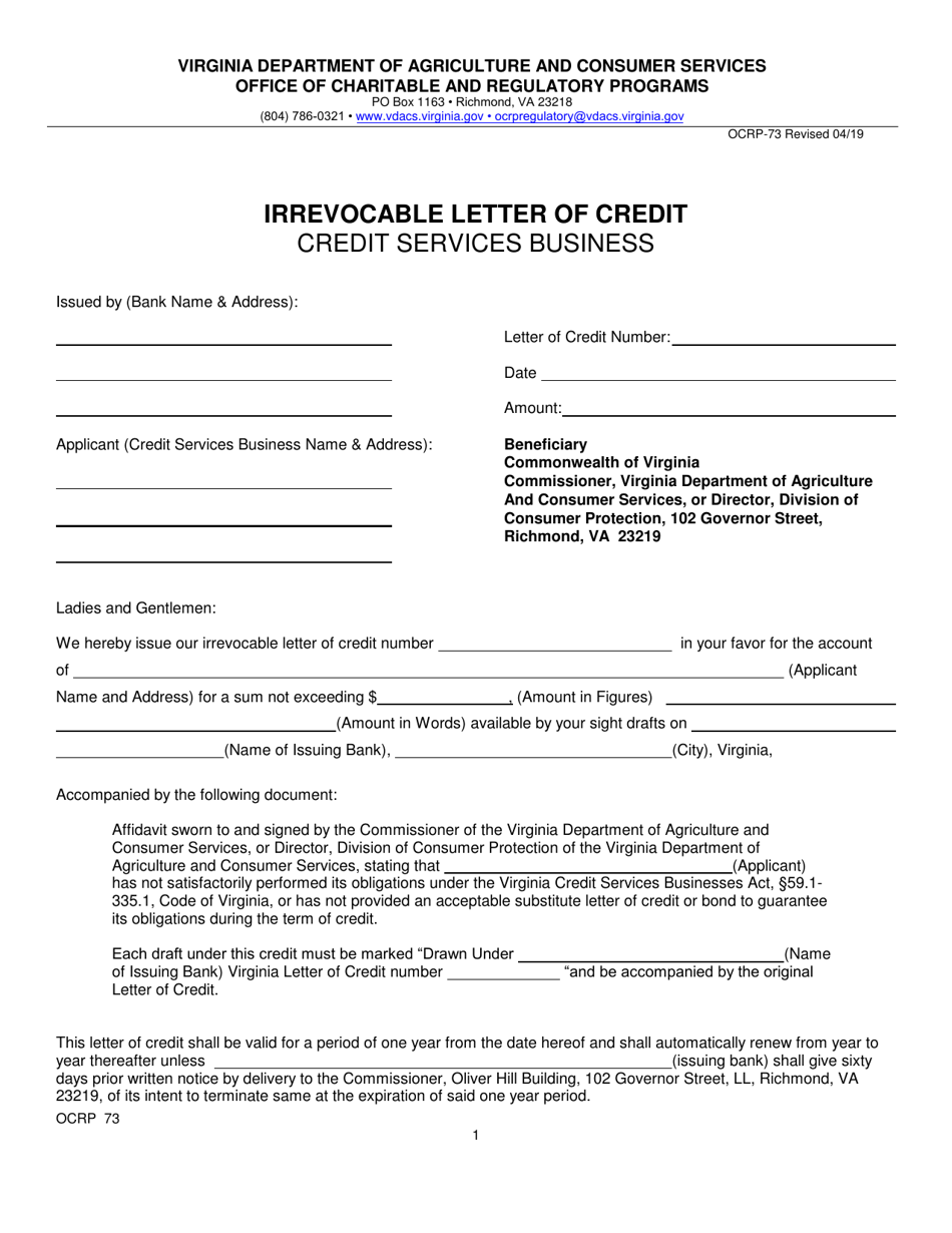 Form OCRP-73 Irrevocable Letter of Credit - Credit Services Business - Virginia, Page 1