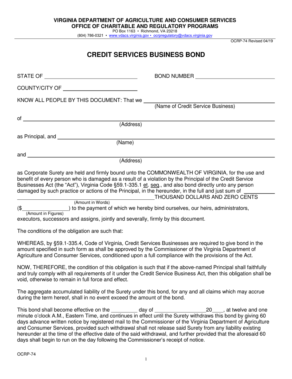Form OCRP-74 Credit Services Business Bond - Virginia, Page 1
