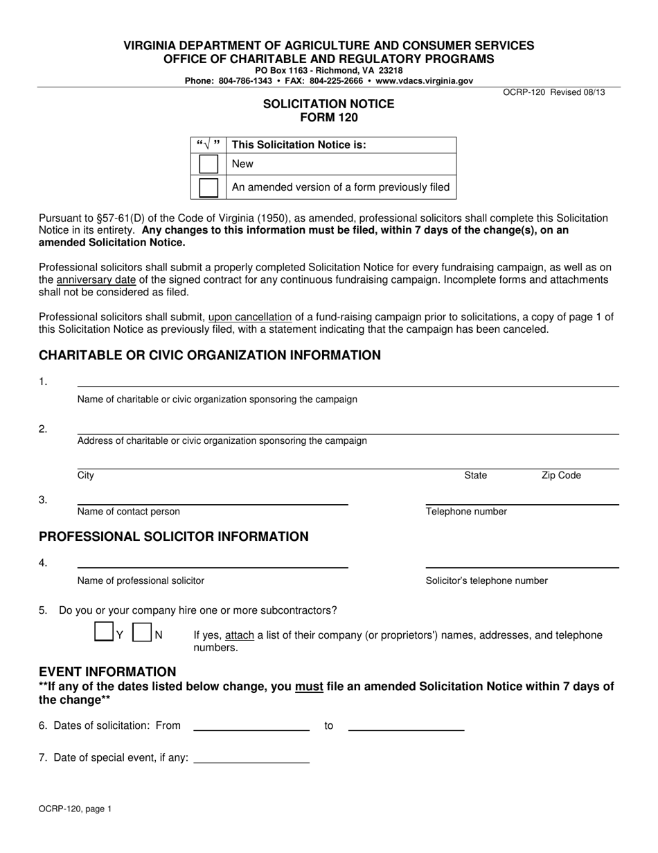 Form OCRP-120 Solicitation Notice - Virginia, Page 1