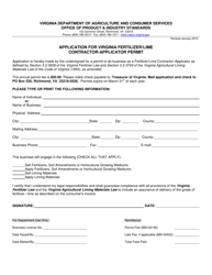 Document preview: Application for Virginia Fertilizer/Lime Contractor-Applicator Permit - Virginia