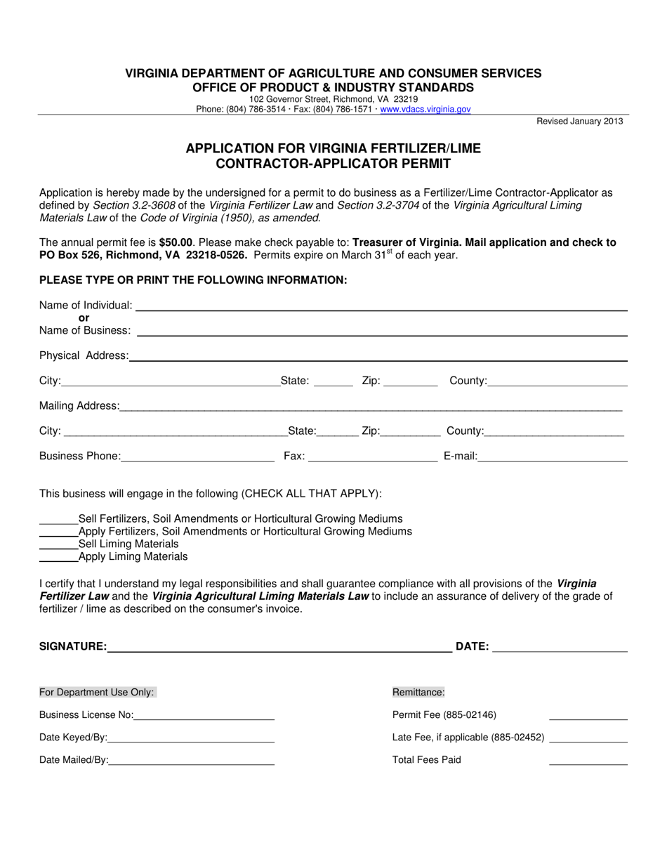 Virginia Application for Virginia Fertilizer/Lime ContractorApplicator