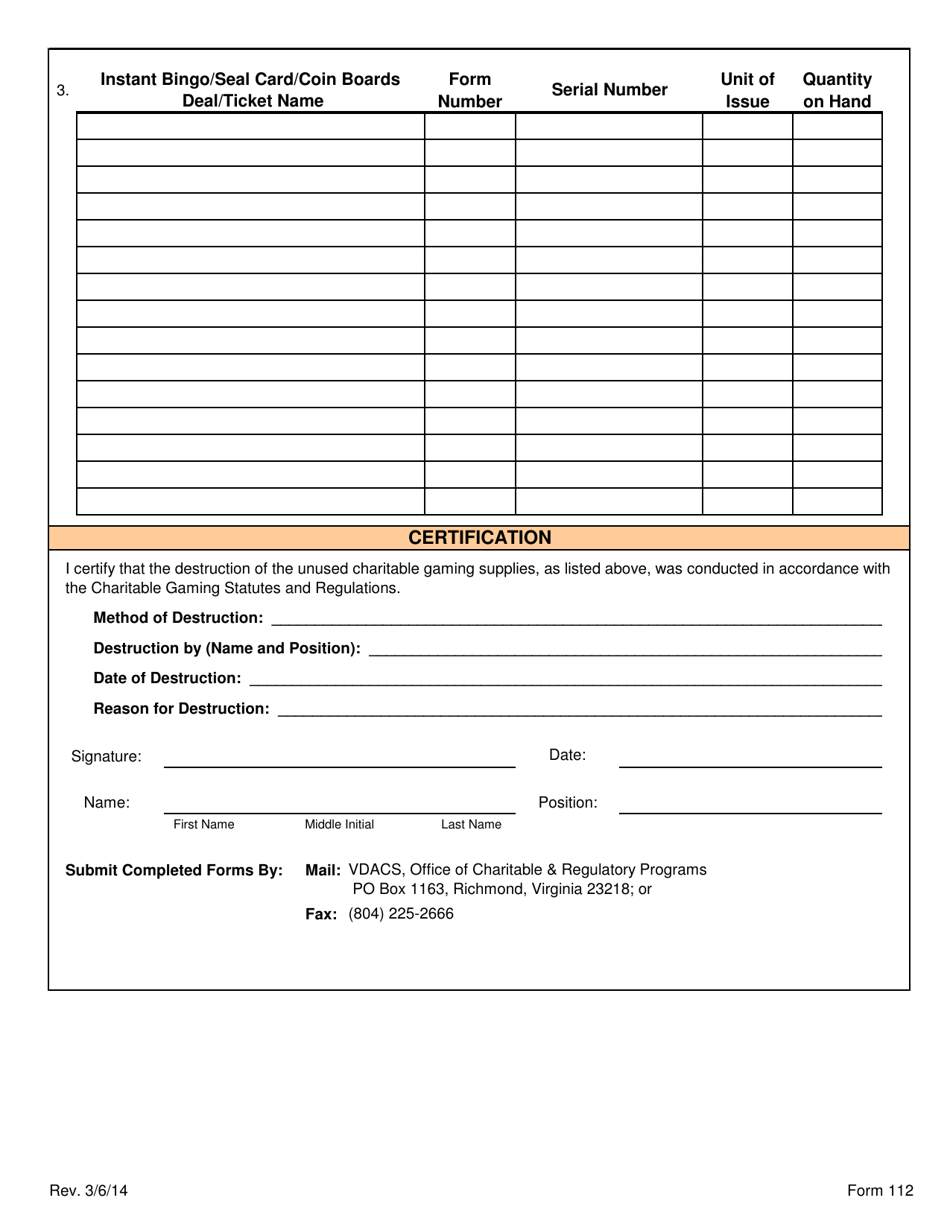Form 112 Destruction of Unused Charitable Gaming Supplies - Virginia, Page 2