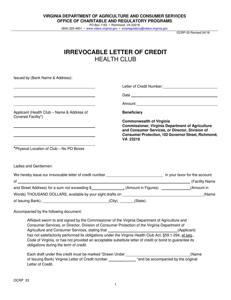 Form OCRP-33 Irrevocable Letter of Credit - Health Club - Virginia, Page 1