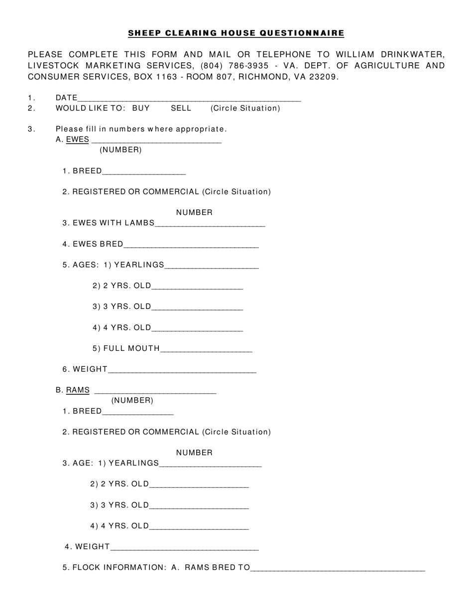 Sheep Clearing House Questionnaire - Virginia, Page 1