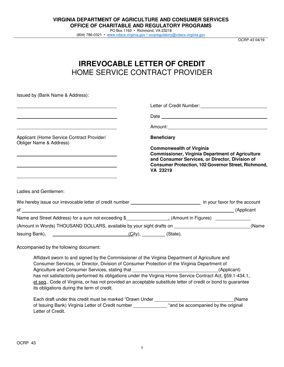 Form OCRP-43 (803) Home Service Contract Provider Line of Credit Form - Virginia, Page 1