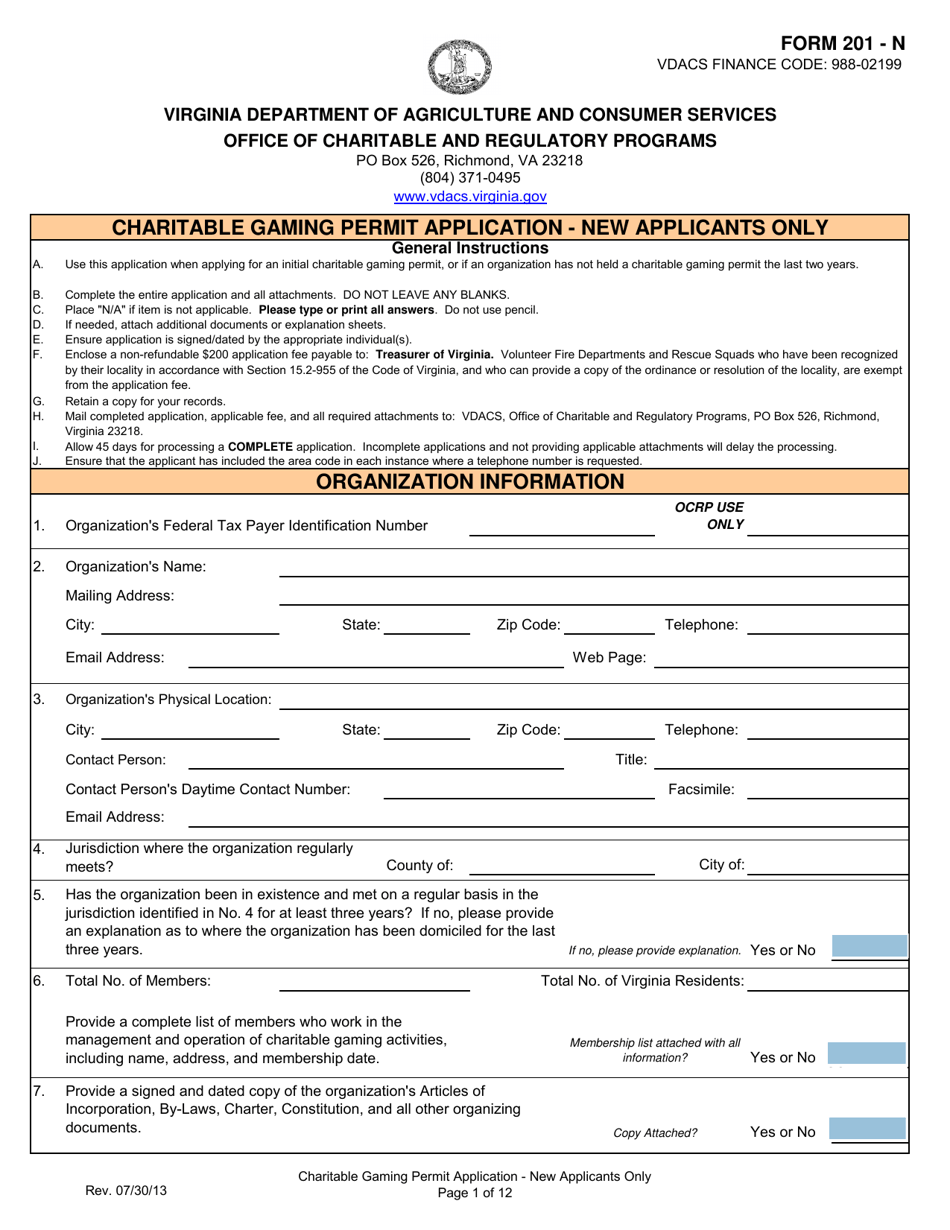 Form 201-N Charitable Gaming Permit Application - New Applicants Only - Virginia, Page 1