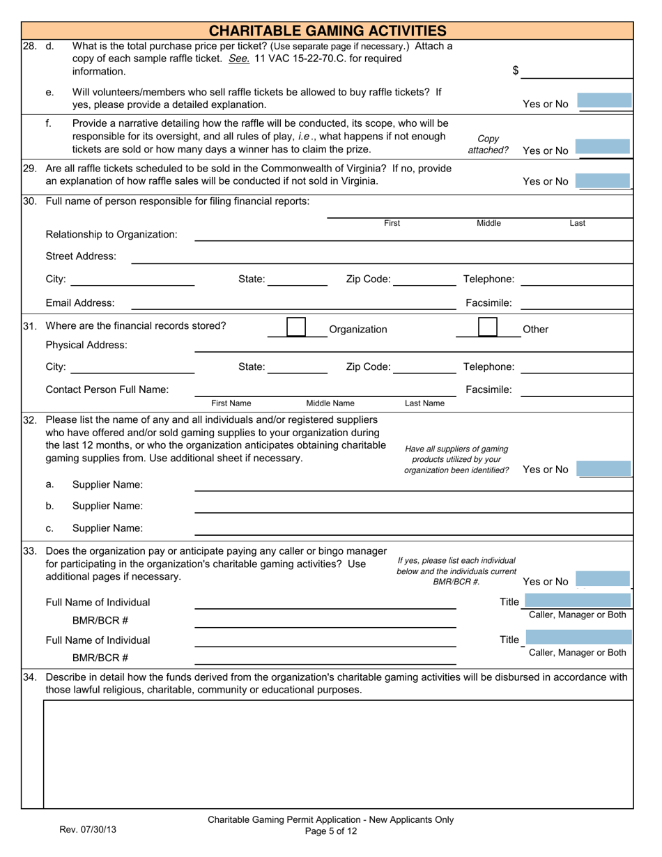 Form 201-N Charitable Gaming Permit Application - New Applicants Only - Virginia, Page 5