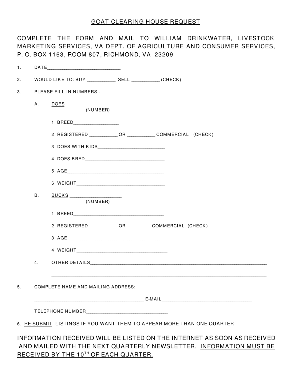 Goat Clearing House Request Form - Virginia, Page 1