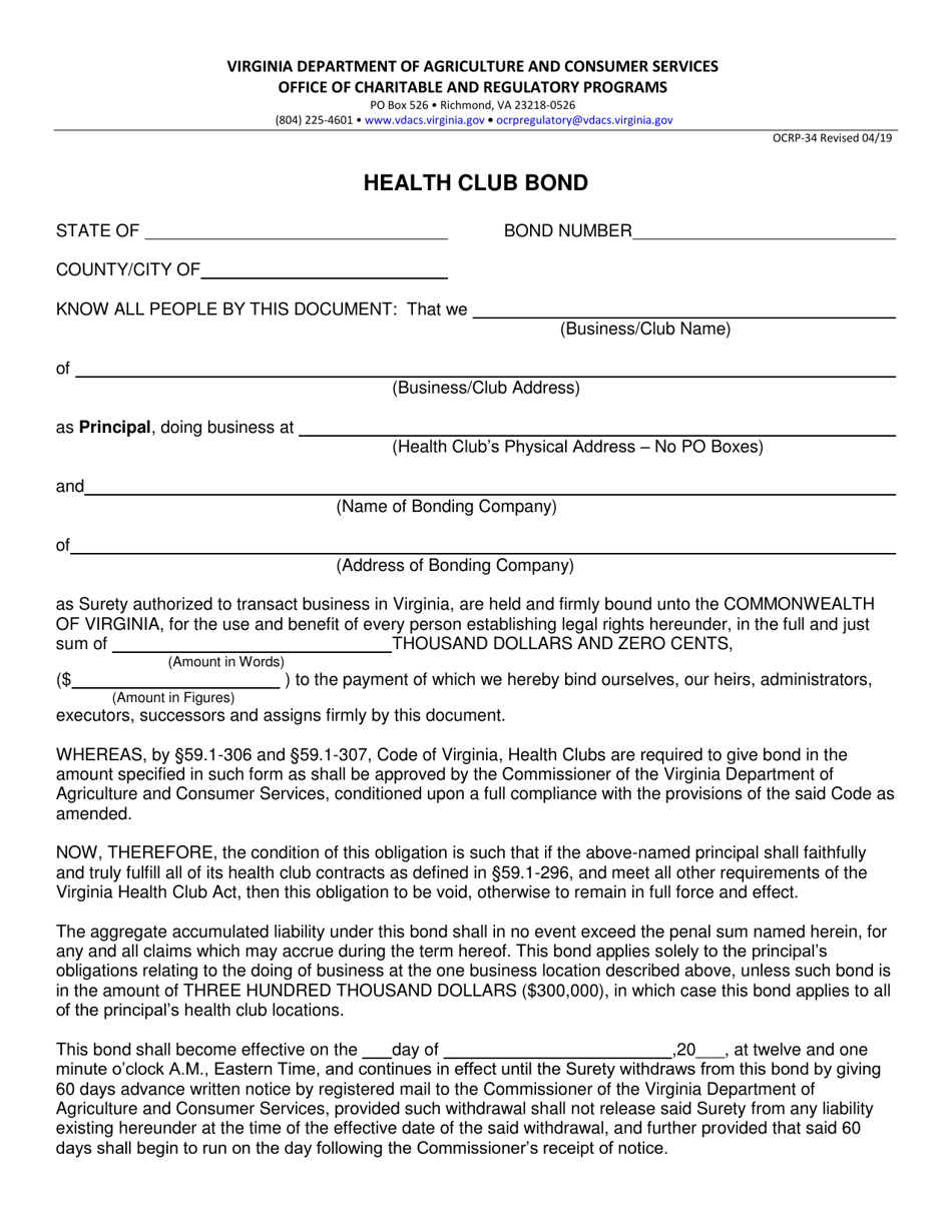 Form OCRP-34 Health Club Bond Template - Virginia, Page 1