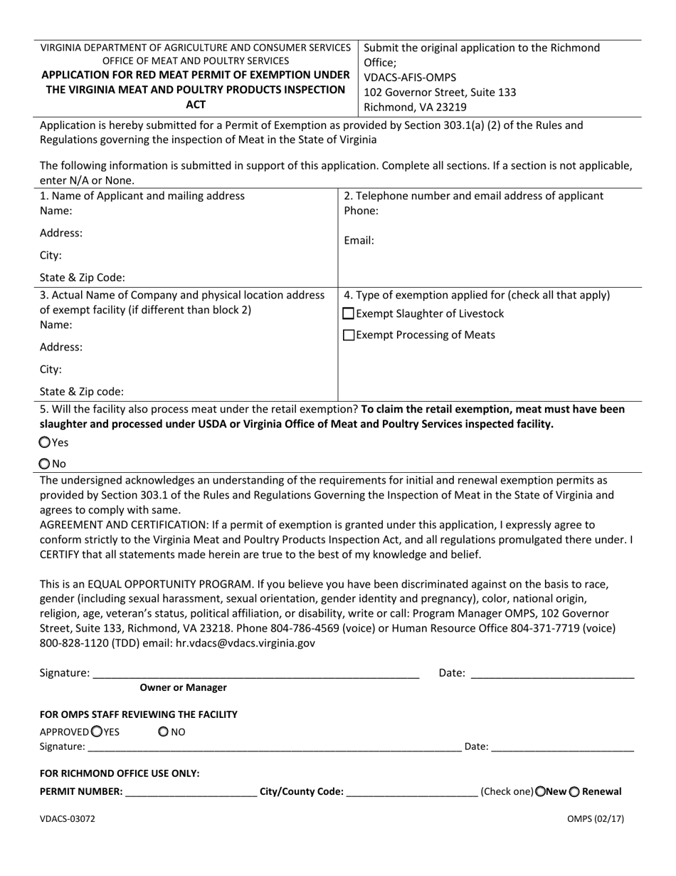 Form VDACS-03072 Application for Registration of Poultry Exemption Under the Virginia Meat and Poultry Products Inspection Act - Virginia, Page 1