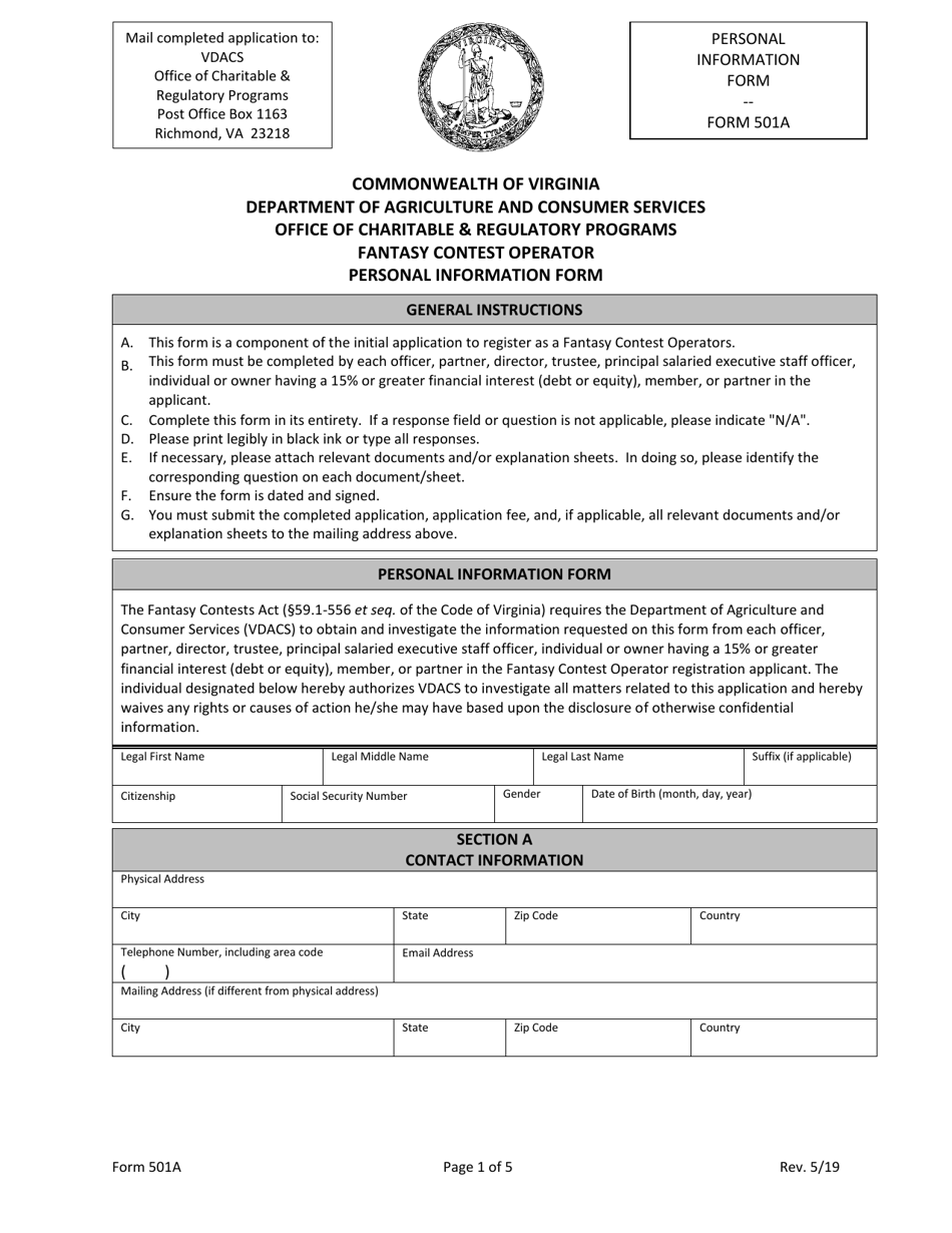 Form 501A Fantasy Contest Operator Personal Information Form - Virginia, Page 1