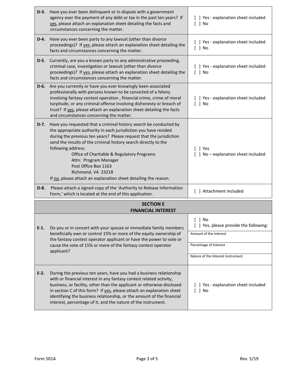 Form 501A Fantasy Contest Operator Personal Information Form - Virginia, Page 3