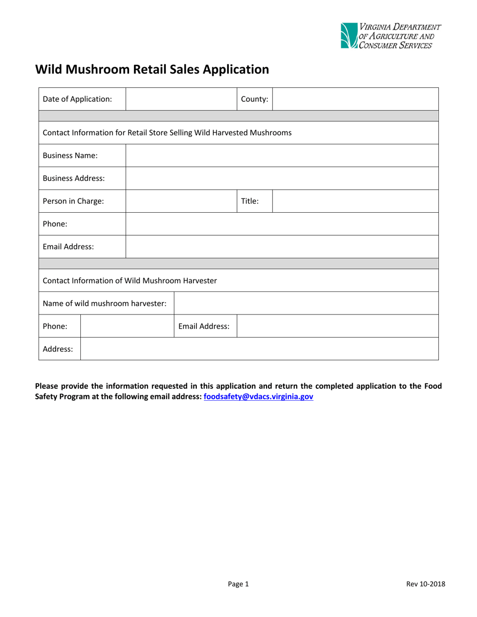 Wild Mushroom Retail Sales Application Form - Virginia, Page 1