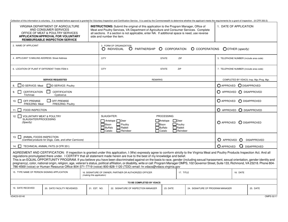 Form VDACS-03140 Application / Approval for Voluntary Reimbursable Inspection Service - Virginia, Page 1