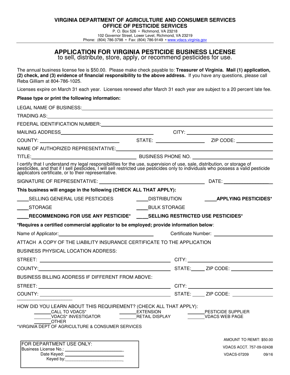 Form VDACS-07209 Application for Virginia Pesticide Business License - Virginia, Page 1