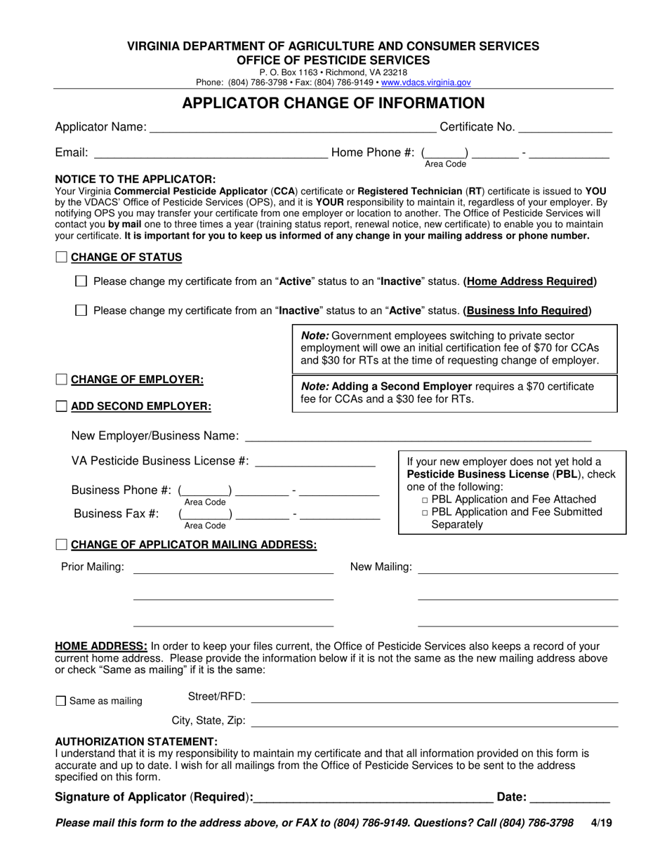 Virginia Applicator Change of Information Fill Out, Sign Online and