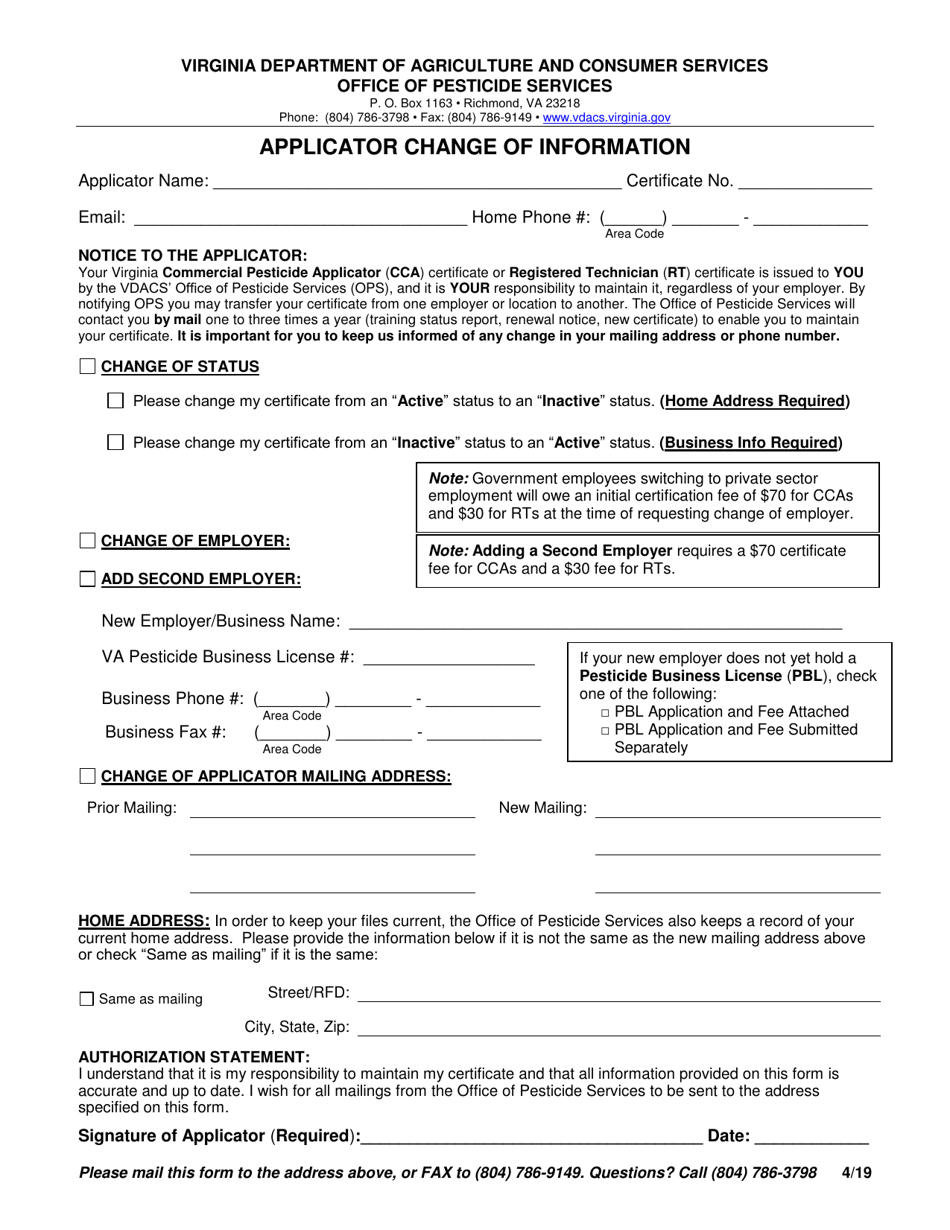 Applicator Change of Information - Virginia, Page 1